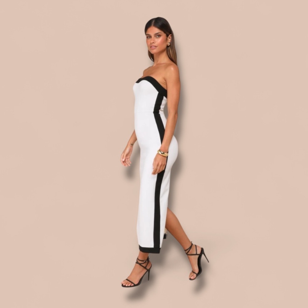 Impressive Edge White Color Block Strapless Midi … - image 2